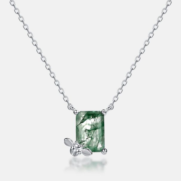small Bee Design Natural Green Moss Stone Necklace S925 Silver Water Grass Agate Clavicle Chain Light Luxury_ipsvogv.com