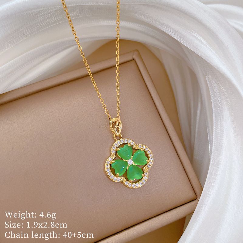 Steel 【 Titanium 】 Green Four Leaf Flower Fashion Light Luxury Charm Gorgeous Full Diamond Necklace Women's Versatile 【 】_ipsvogv.com