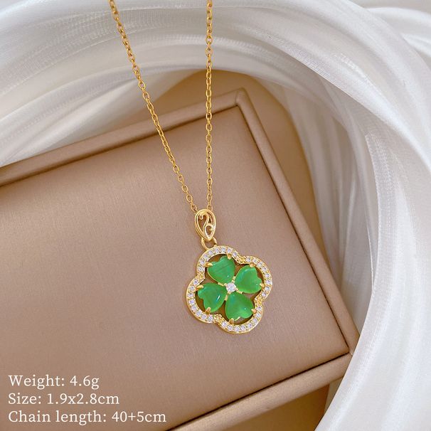 Steel 【 Titanium 】 Green Four Leaf Flower Fashion Light Luxury Charm Gorgeous Full Diamond Necklace Women's Versatile 【 】_ipsvogv.com