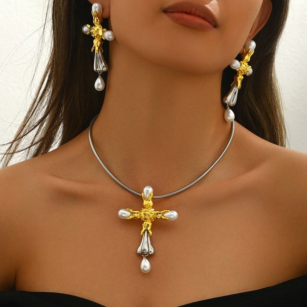 Fashion OL Commuter Style Women's Necklace Earring Personalized Cross Set with Pearl Design Earnail Accessories_ipsvogv.com