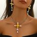 Fashion OL Commuter Style Women's Necklace Earring Personalized Cross Set with Pearl Design Earnail Accessories_ipsvogv.com