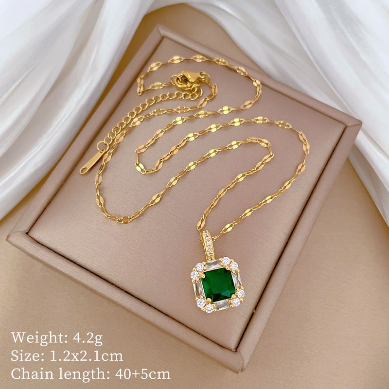 【 Titanium Steel 】 Necklace Earring Light Luxury Full Diamond Green Square Personalized Temperament Banquet Earrings Set_ipsvogv.com