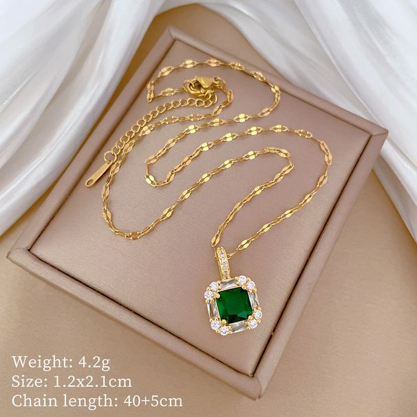 【 Titanium Steel 】 Necklace Earring Light Luxury Full Diamond Green Square Personalized Temperament Banquet Earrings Set_ipsvogv.com