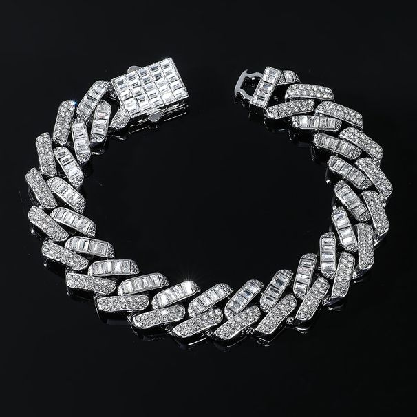 Hip Hop Full Diamond Spring Buckle 15mm Cuban Chain Necklace Personalized Street Dance Motorcycle Men's Cool Accessories_ipsvogv.com