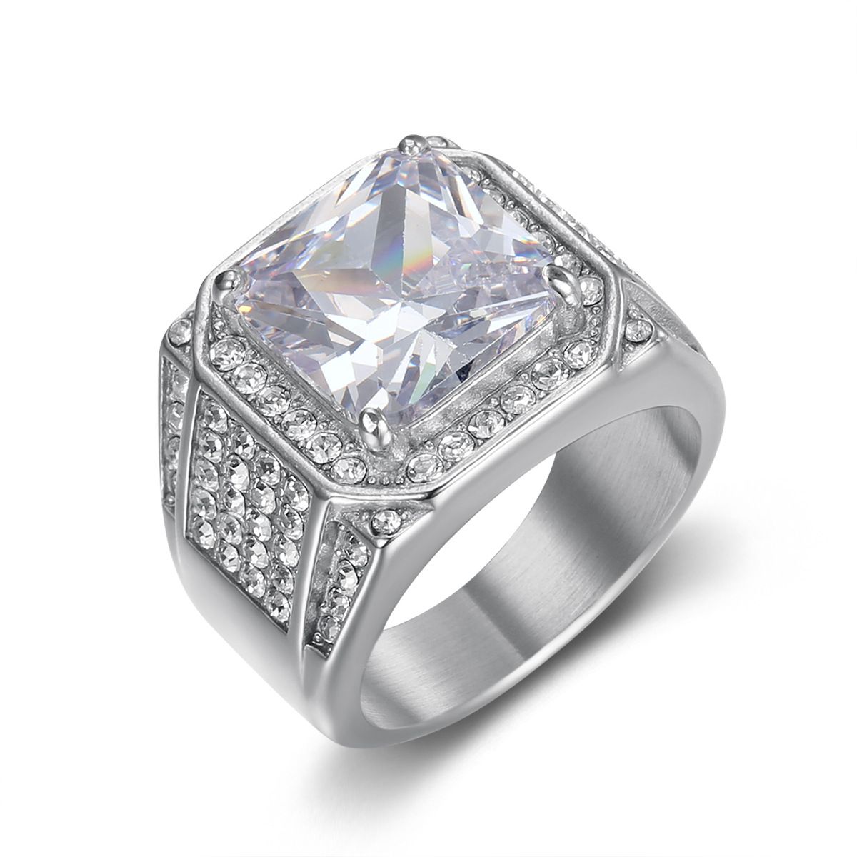 New 316 Stainless Steel Gold-Plated Full Diamond Luxurious Inlaid 3A Zircon Hip-Hop Men's Ring_ipsvogv.com