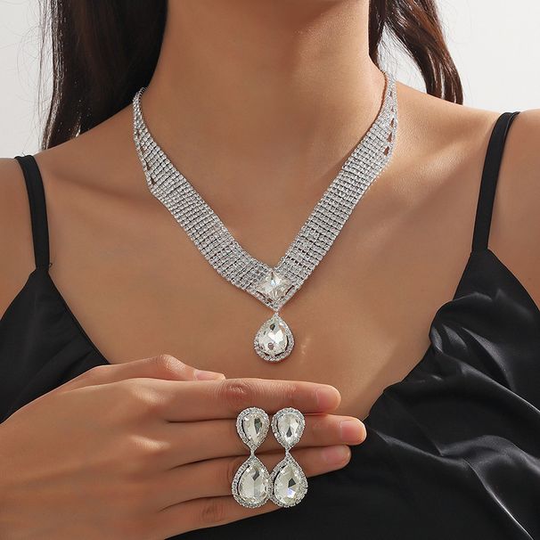 Water Drop Crystal Necklace Earrings Bracelet Set Three Piece Set Full Diamond Clavicle Chain Evening Dress Necklace_ipsvogv.com