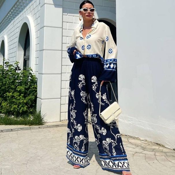 Women's clothing fashion positioning printed loose long-sleeved tops wide-leg pants two-piece set_ipsvogv.com