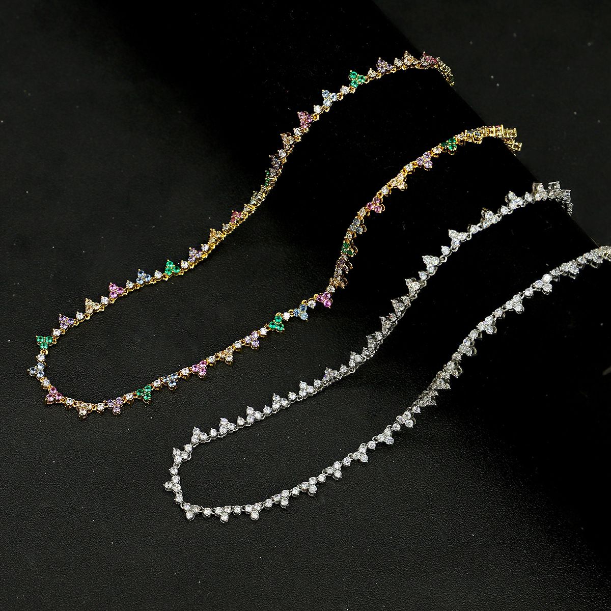 2mm Zircon Tennis Hip-Hop Mixed Weave Flower Shape Three-Prong Stacked Colorful Necklace_ipsvogv.com