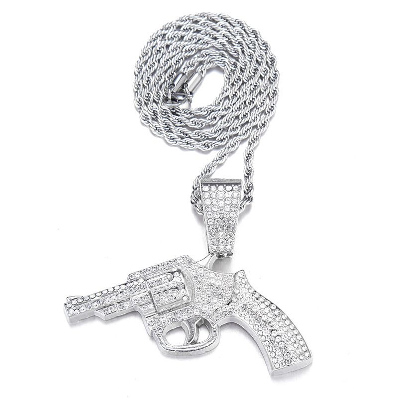 Hip hop men's jewelry trendy exaggerated full diamond gun pendant Cuban chain accessories necklace neck chain_ipsvogv.com