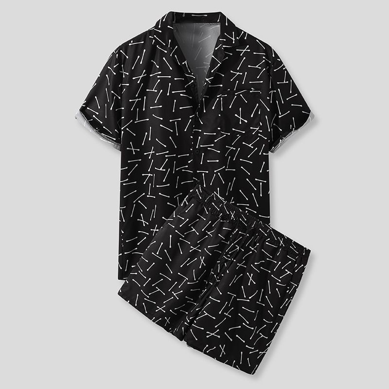 European and American cross-border men's casual loose Hawaiian beachwear three-color printed short-sleeved suit casual two-piece set_ipsvogv.com