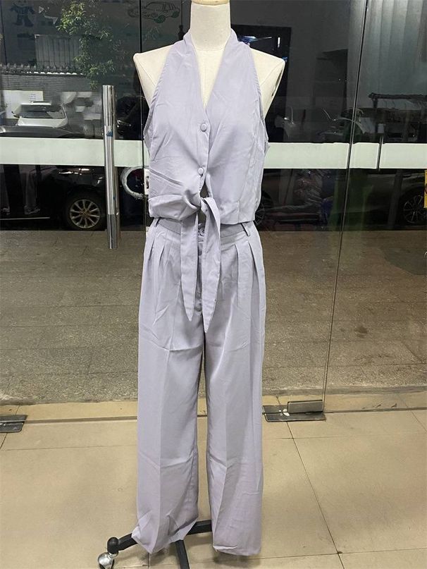 Women's clothing fashion temperament sleeveless hollow shirt high waist wide leg pants two-piece suit_ipsvogv.com