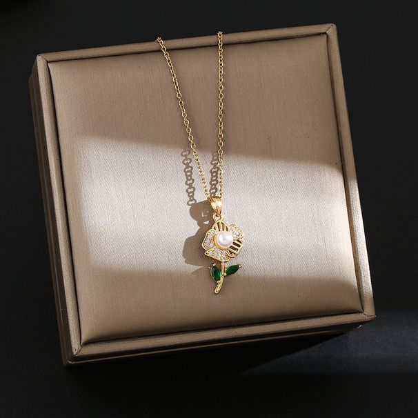 Net-red Lily Necklace, Small and Luxury New Design, Pearl Zircon Pendant, Temperament, Titanium Steel Necklace, Female_ipsvogv.com