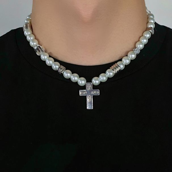 Small Trendy Cross Pearl Patchwork Necklace For Men, High-end And Versatile Hip-hop Collarbone Chain Accessories_ipsvogv.com