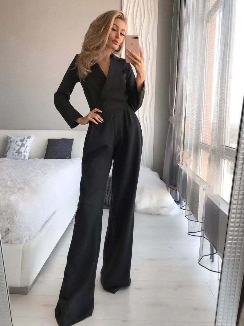 Women's long skirt jumpsuit slanted placket mid-waist temperament commuting jumpsuit_ipsvogv.com