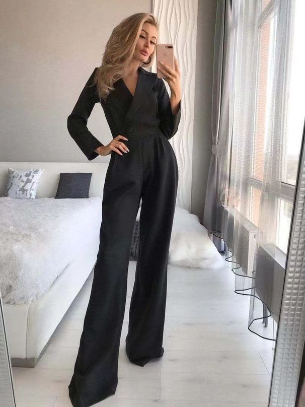 Women's long skirt jumpsuit slanted placket mid-waist temperament commuting jumpsuit_ipsvogv.com