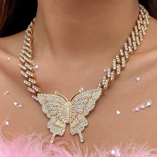 Jewelry Personality, Fashion, Micro Inlaid Necklace, Feminine Temperament, Full Diamond Butterfly, Cuban Buckle Necklace_ipsvogv.com