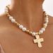 N12034 new personalized and fashionable necklace, pearl splicing cross, niche design, collarbone chain_ipsvogv.com