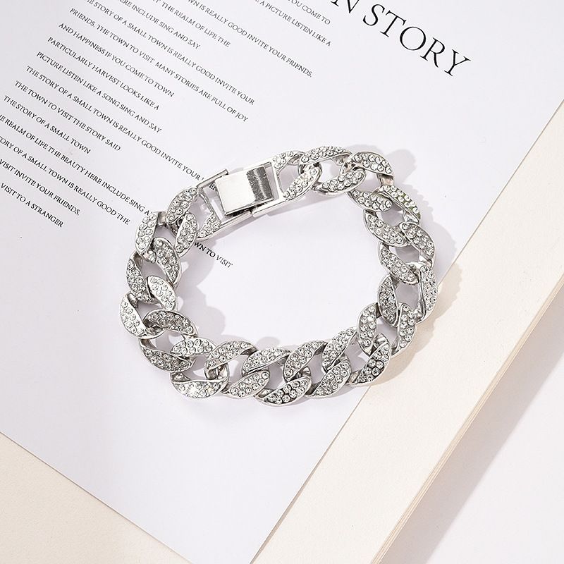 Iced Out Shiny Rhinestone Crystal Gold Plated Miami Cuban Chain Men's Hip Hop Bracelet_ipsvogv.com