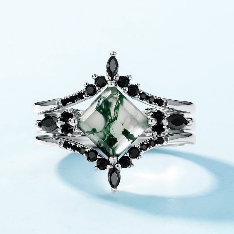 Geometric natural water grass agate ring S925 silver inlaid green moss stone stacking ring one multi wear_ipsvogv.com