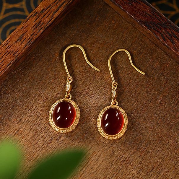 China-Chic New Chinese Earrings Real Gold Plating Natural Chalcedony Inlaid Niche Design Antique Earrings High Summer_ipsvogv.com