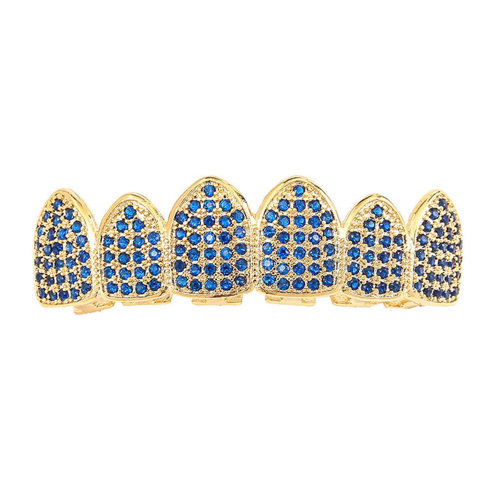 Hip Hop Jewelry Blue Zircon Micro Inlaid Zircon Gold Braces Hip Hop Halloween Costume Personalized Braces_ipsvogv.com