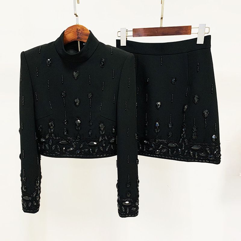 Women's Clothing celebrity fashion new heavy beaded diamond short top skirt suit two piece suit_ipsvogv.com