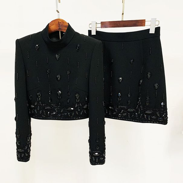 Women's Clothing celebrity fashion new heavy beaded diamond short top skirt suit two piece suit_ipsvogv.com