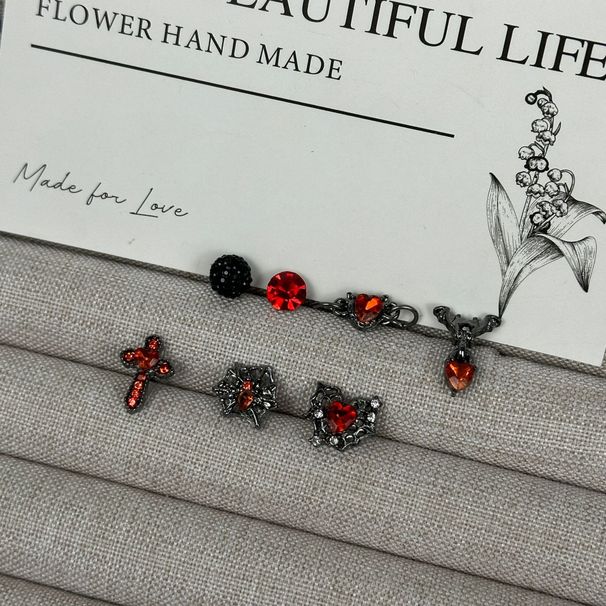 Unisex Dark Spider Web Red Diamond Cross Heart Chain Ear Bone Studs For Women Niche Sweet Design Hot Girl Earrings_ipsvogv.com