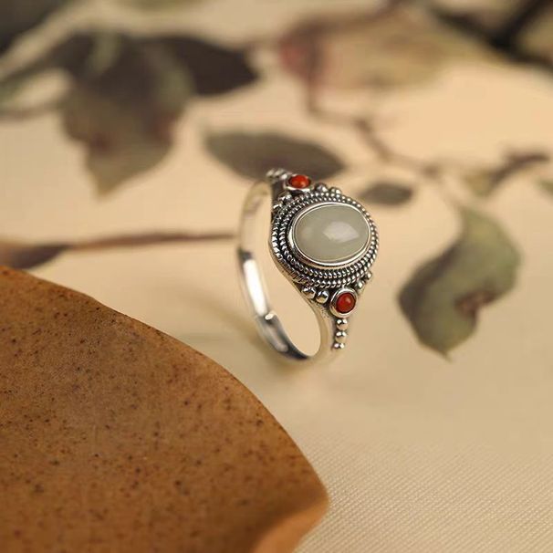 Silver Charm S Pure Silver Polka Dot Embellishment, South Red Inlaid Egg Face Open Ri, Ethnic Style Vintage Women's_ipsvogv.com
