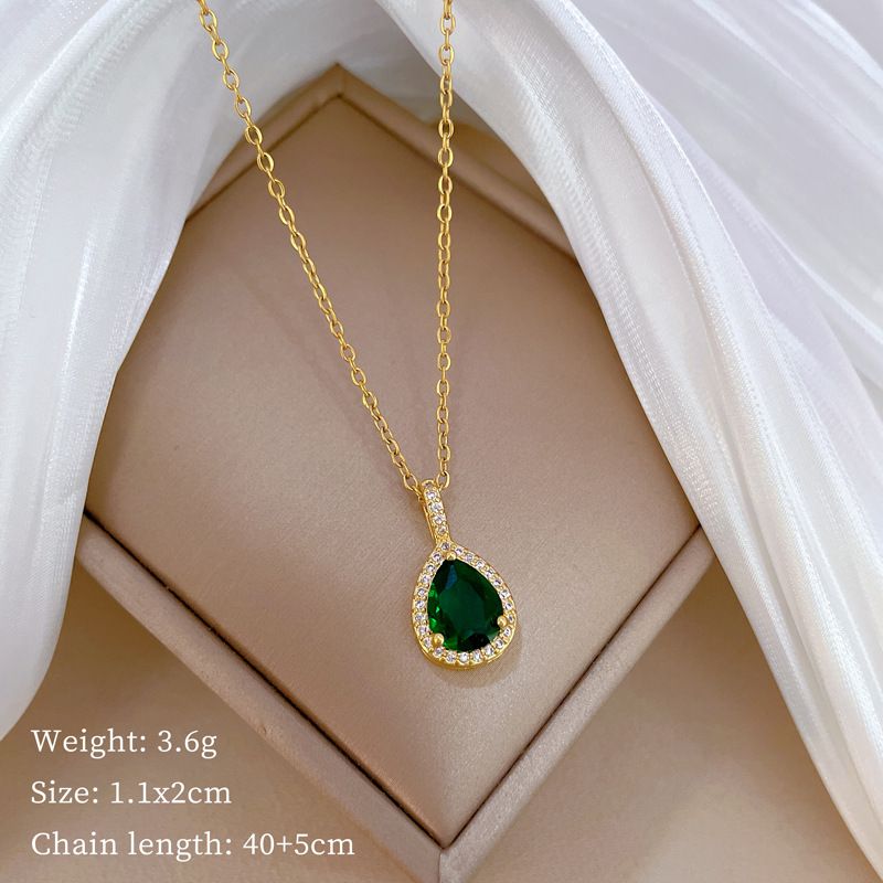 【 Titanium Steel 】 Water Drop Green Zircon Micro inlaid Necklace Earring Set Light Luxury Personalized temperament_ipsvogv.com