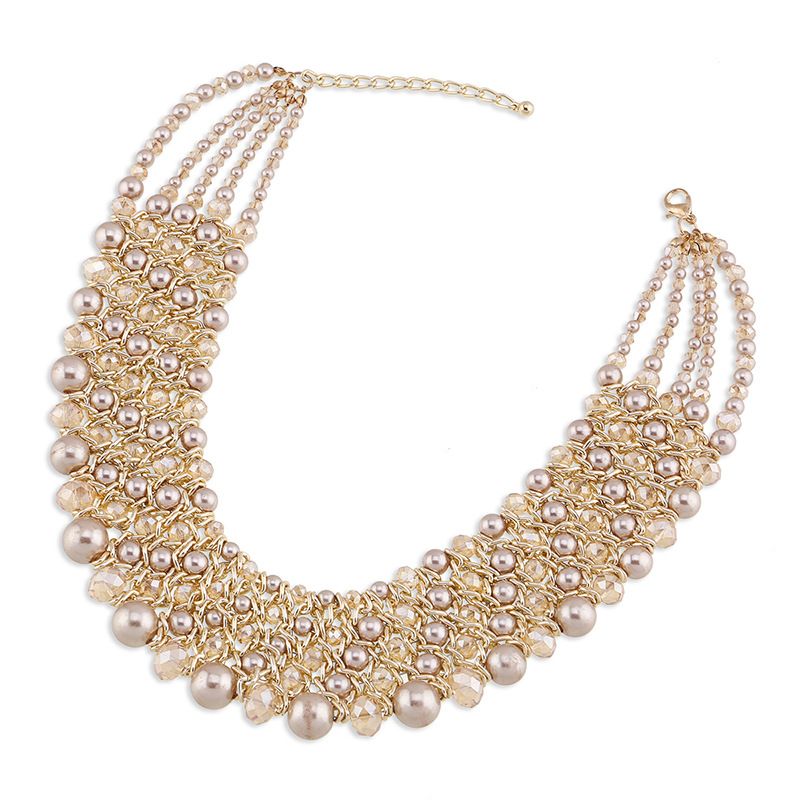 Qiman Popular Handmade Turquoise Crystal Pearl Aluminum Chain Short Necklace NK-01561_ipsvogv.com
