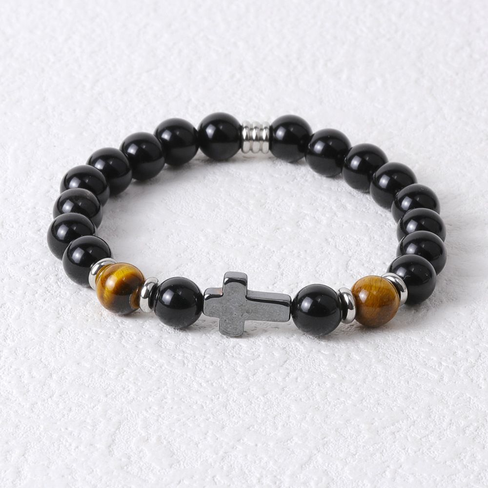 Non-Fading Men's Stone 8mm Natural Tiger Eye Black Gallstone Cross Bracelet Beads_ipsvogv.com