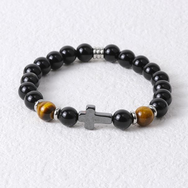 Non-Fading Men's Stone 8mm Natural Tiger Eye Black Gallstone Cross Bracelet Beads_ipsvogv.com