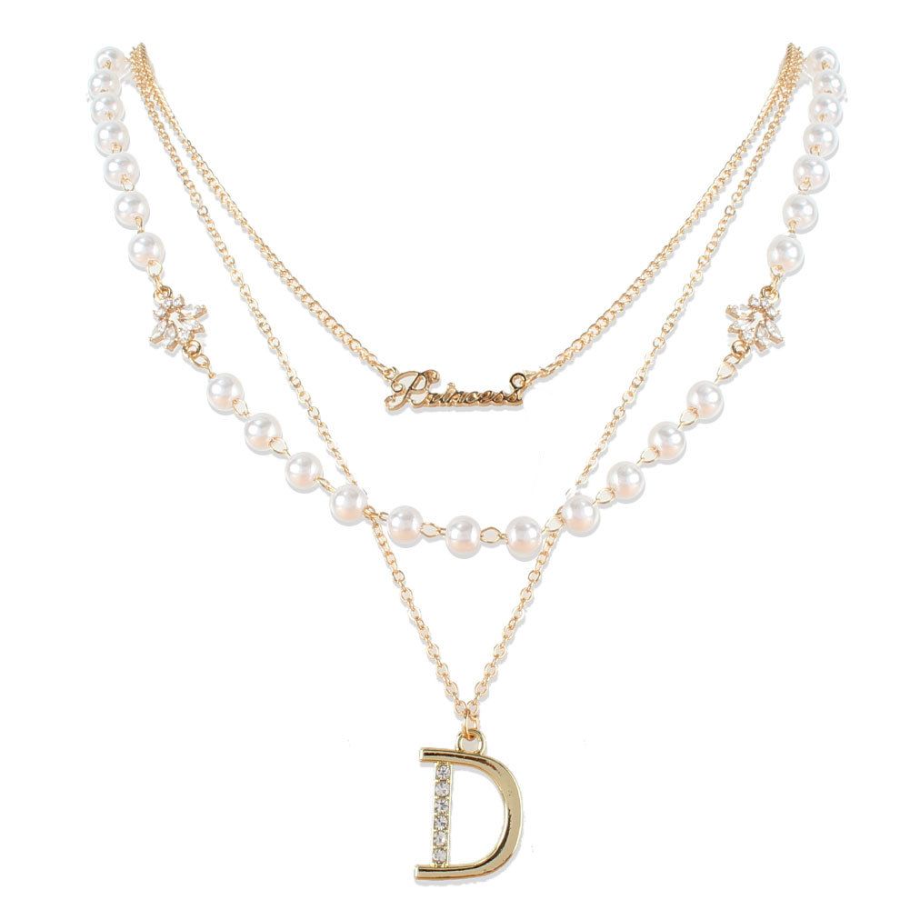 Fashion Multi Layer Pearl Necklace Retro Alloy Diamond Letter Pendant Clavicle Chain Necklace Female_ipsvogv.com