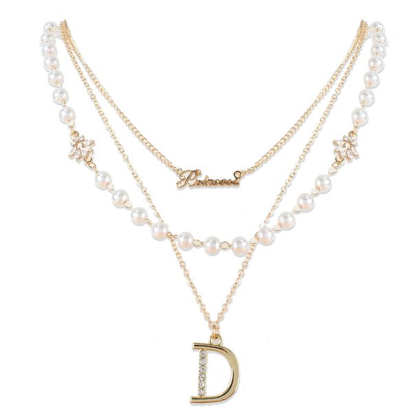 Fashion Multi Layer Pearl Necklace Retro Alloy Diamond Letter Pendant Clavicle Chain Necklace Female_ipsvogv.com