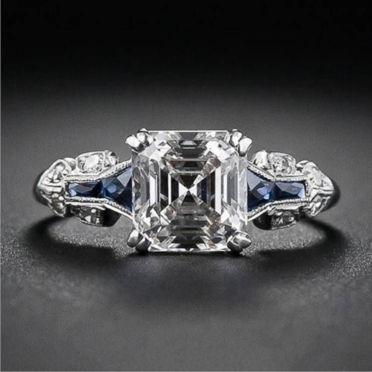 Irregular Trapezoid Square Diamond Topaz Sapphire Ring Silver Plated Ring_ipsvogv.com