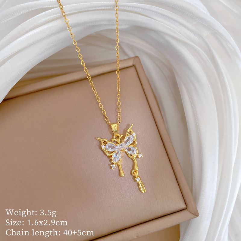 【 】 Threaded Sky Butterfly Light Luxury Charm Gorgeous Full Diamond Necklace Women's Versatile Clavicle Titanium Steel_ipsvogv.com