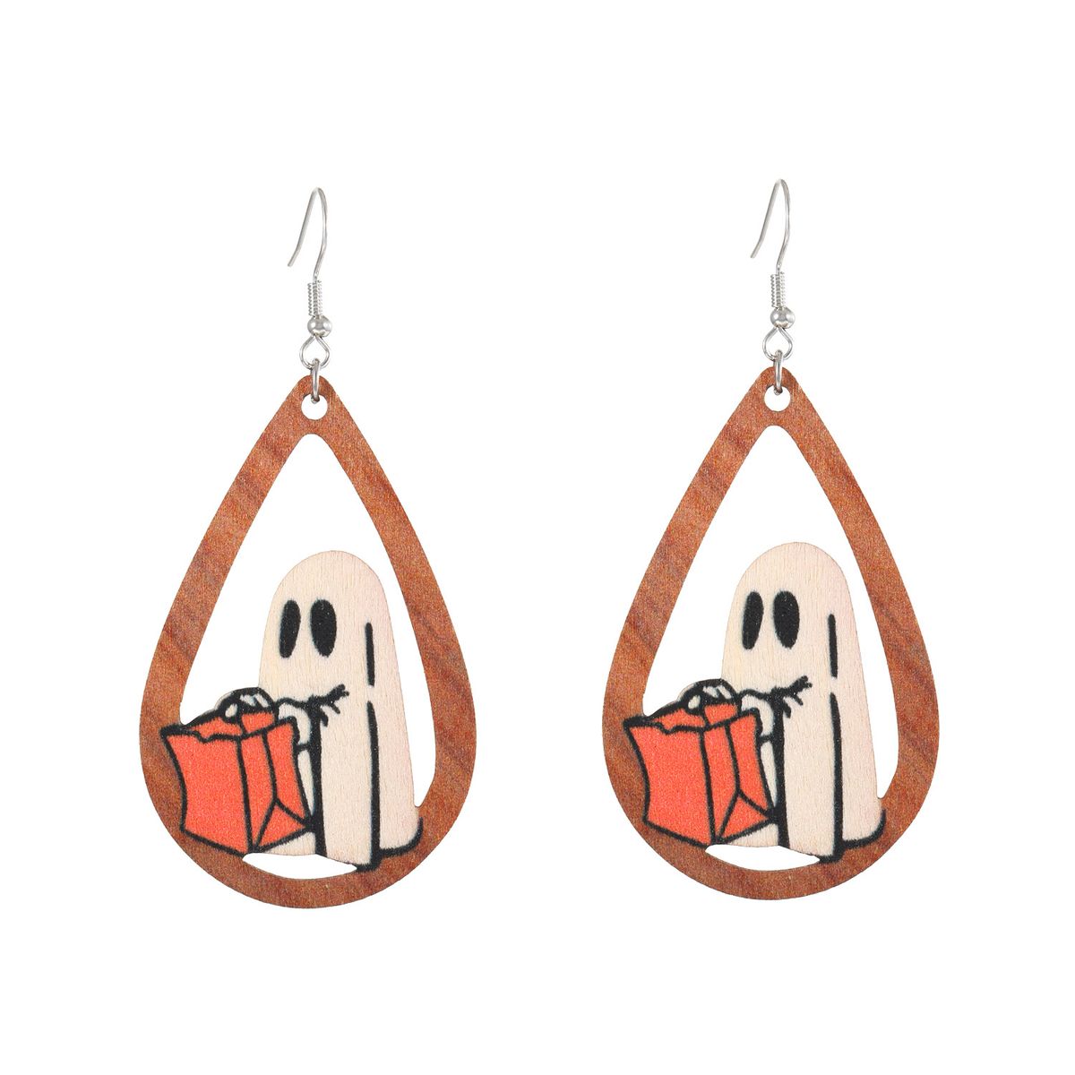 Halloween new wooden earrings female funny pumpkin maple leaf ghost earrings creative hollow water drop cat earrings_ipsvogv.com