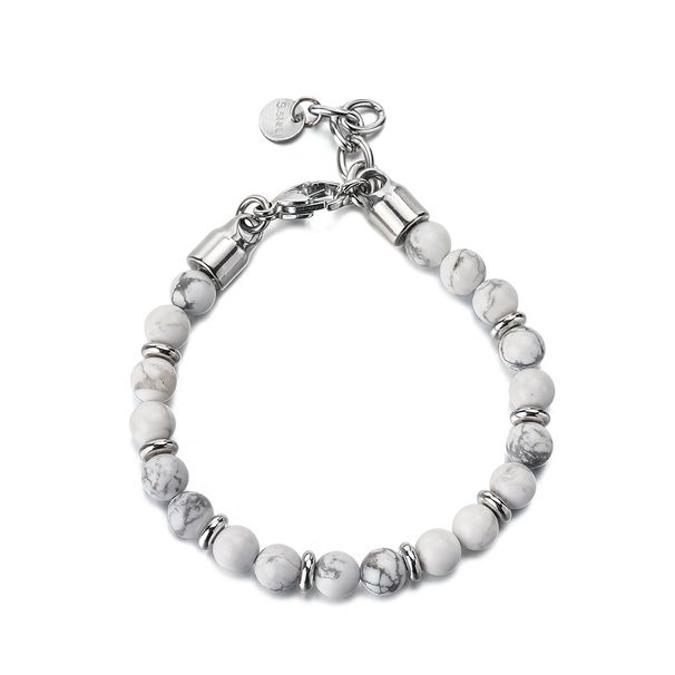 Volcanic Natural Stone White Pine Elastic Cord Stainless Steel Hip-Hop Beaded Simple Men's Round Bead Bracelet_ipsvogv.com