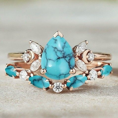Sanjie Bohemian Fashion Water Drop Pair Light Luxury Diamond Set Turquoise Personalized Design Ring_ipsvogv.com