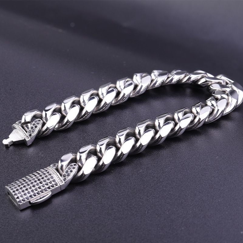 Stainless Steel Diamond Cuban Bracelet Miami Full Zircon Snap Thick Chain Men's Hip Hop Accessory_ipsvogv.com