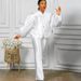 Women's Clothing solid color puff sleeve top wide leg trousers two piece suit women's fashion suit_ipsvogv.com