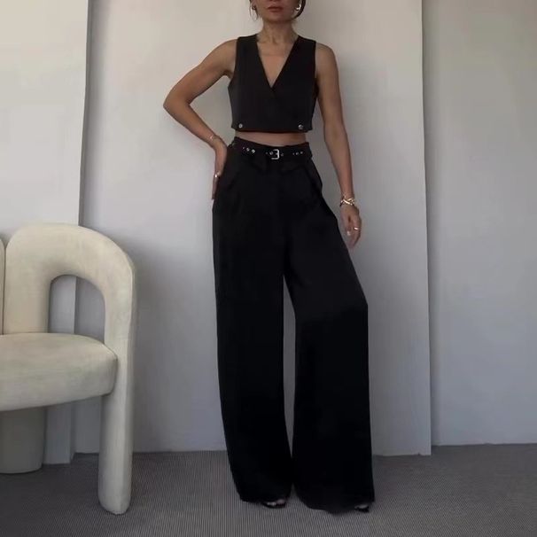 Women's Clothing women's clothing solid color V neck unrepaired vest lapel wide leg trousers suit_ipsvogv.com