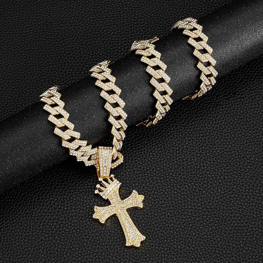 Full diamond crown cross pendant necklace, alloy diamond necklace for men and women, diamond shaped Cuban chain_ipsvogv.com