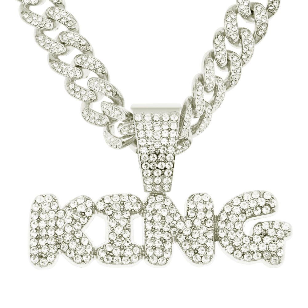 Hip hop exaggerated king full diamond letter pendant necklace for men's domineering and cool Cuban chain accessories_ipsvogv.com