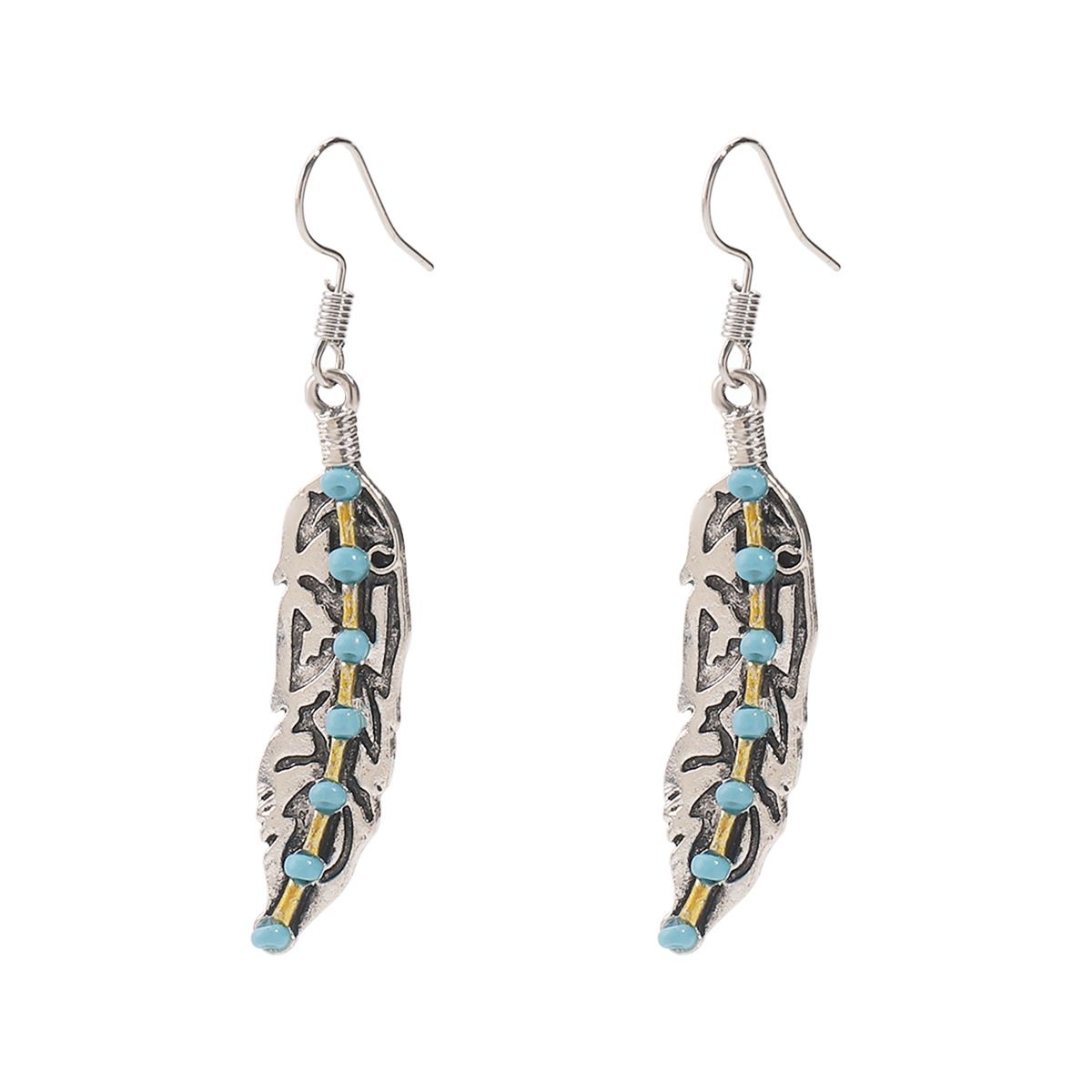 E12733 vintage artistic carved antique silver with Bohemian ethnic style inlaid turquoise earrings_ipsvogv.com