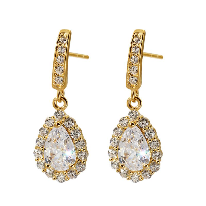 Sterling silver drop Zircon stud earrings electroplated gold-plated diamond-embedded earrings niche all-match_ipsvogv.com