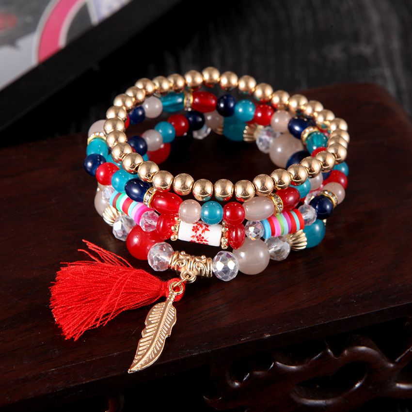 Bohemian Ethnic Style Multi-layer Beaded Jewelry Trend Four Piece Set Tassel Leaf Bracelet_ipsvogv.com