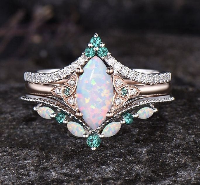 Sanjie's New Alloy Inlaid Horse Eye Australian Treasure Rose Gold Three Piece Women's Fire Color Set Ring_ipsvogv.com