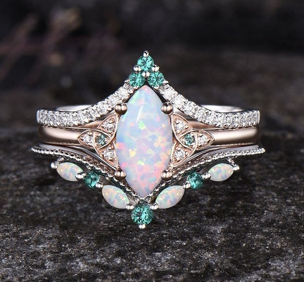 Sanjie's New Alloy Inlaid Horse Eye Australian Treasure Rose Gold Three Piece Women's Fire Color Set Ring_ipsvogv.com